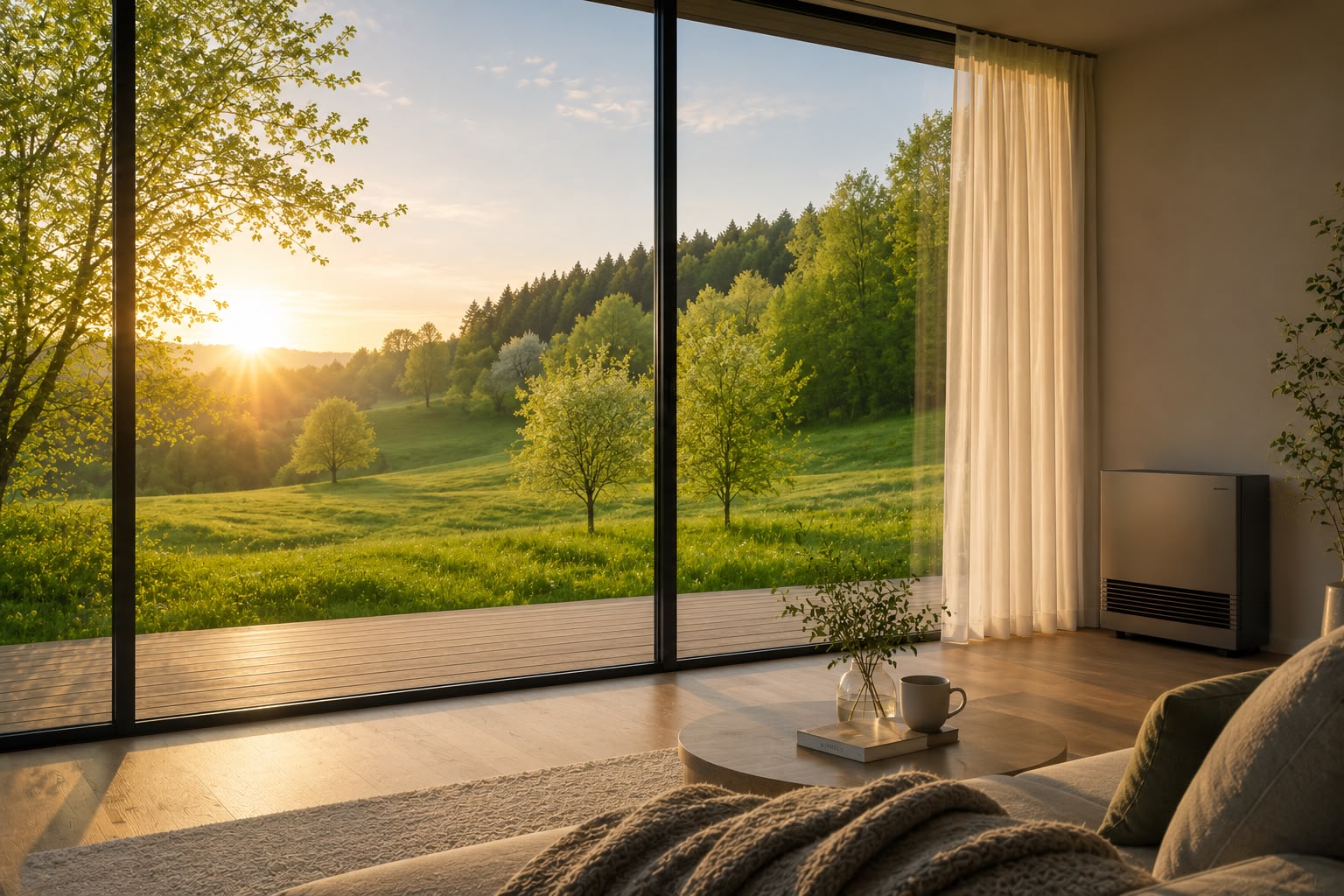 Modernes Wohnzimmer mit großer Fensterfront und Blick auf grüne Landschaft