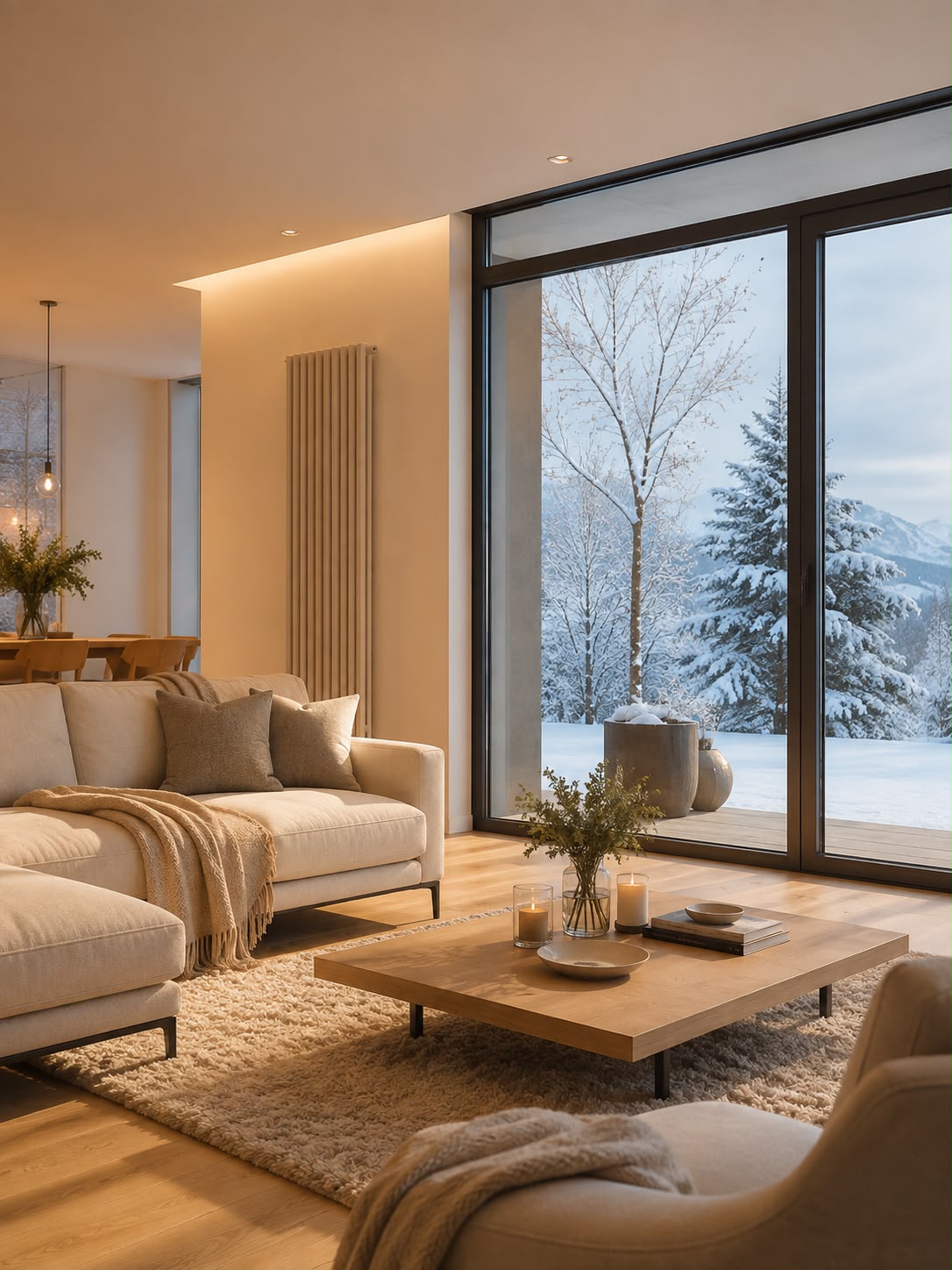 Warmes Wohnzimmer mit Designheizkörper im Winter