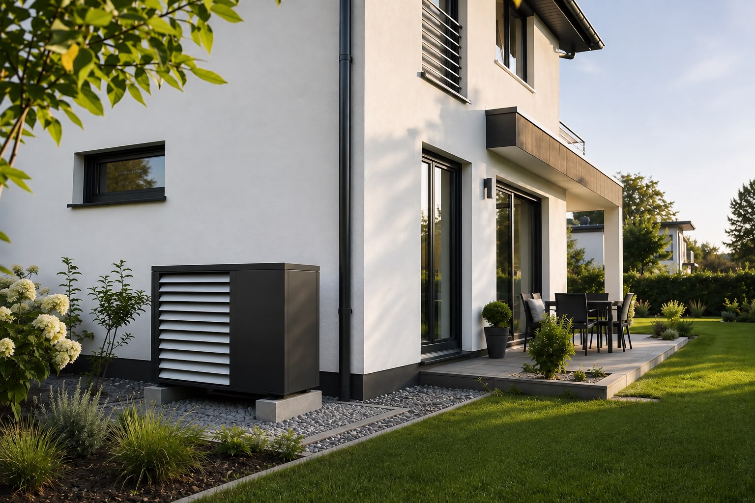 Luft-Wasser-Wärmepumpe an einem modernen Wohnhaus mit Garten