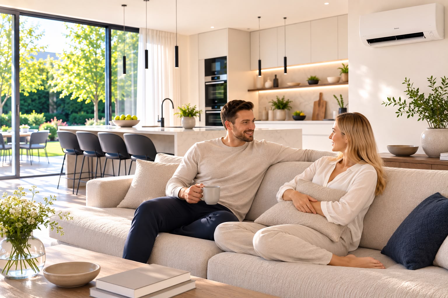 Paar im hellen Wohnzimmer mit moderner Klimaanlage