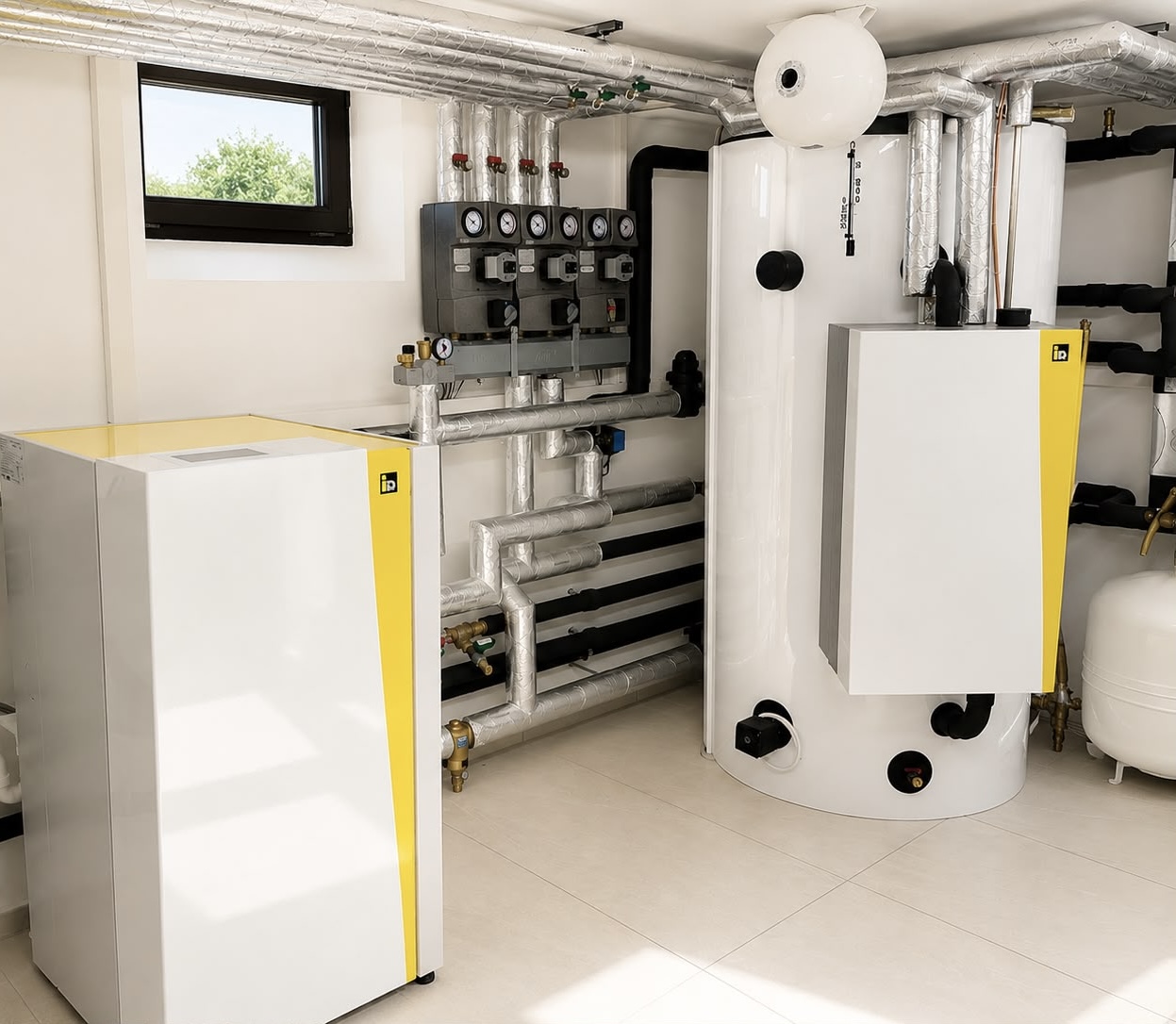 Moderner Heizungsraum mit Wärmepumpe und Pufferspeicher