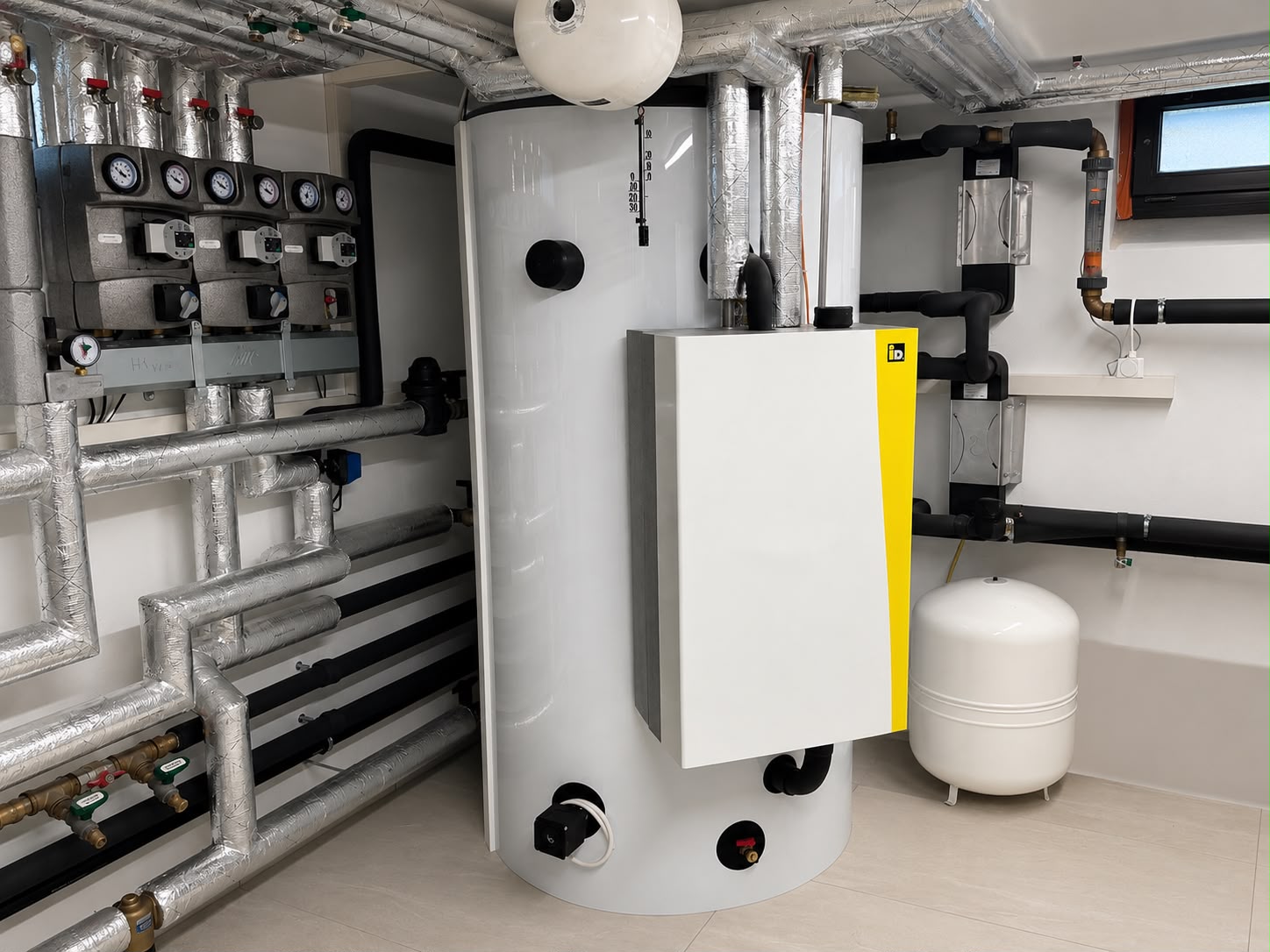 Technikraum mit Pufferspeicher, Wärmepumpen-Hydraulik und Verteiler